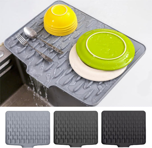 CHIKILLA Silicone Dish Drying Mat for Kitchen Counter, Fast Drainage Design for Vegetables Fruits, Heat Resistant, Non-Slip , Dishwasher Safe – 15.7x13 inch Silk Gray