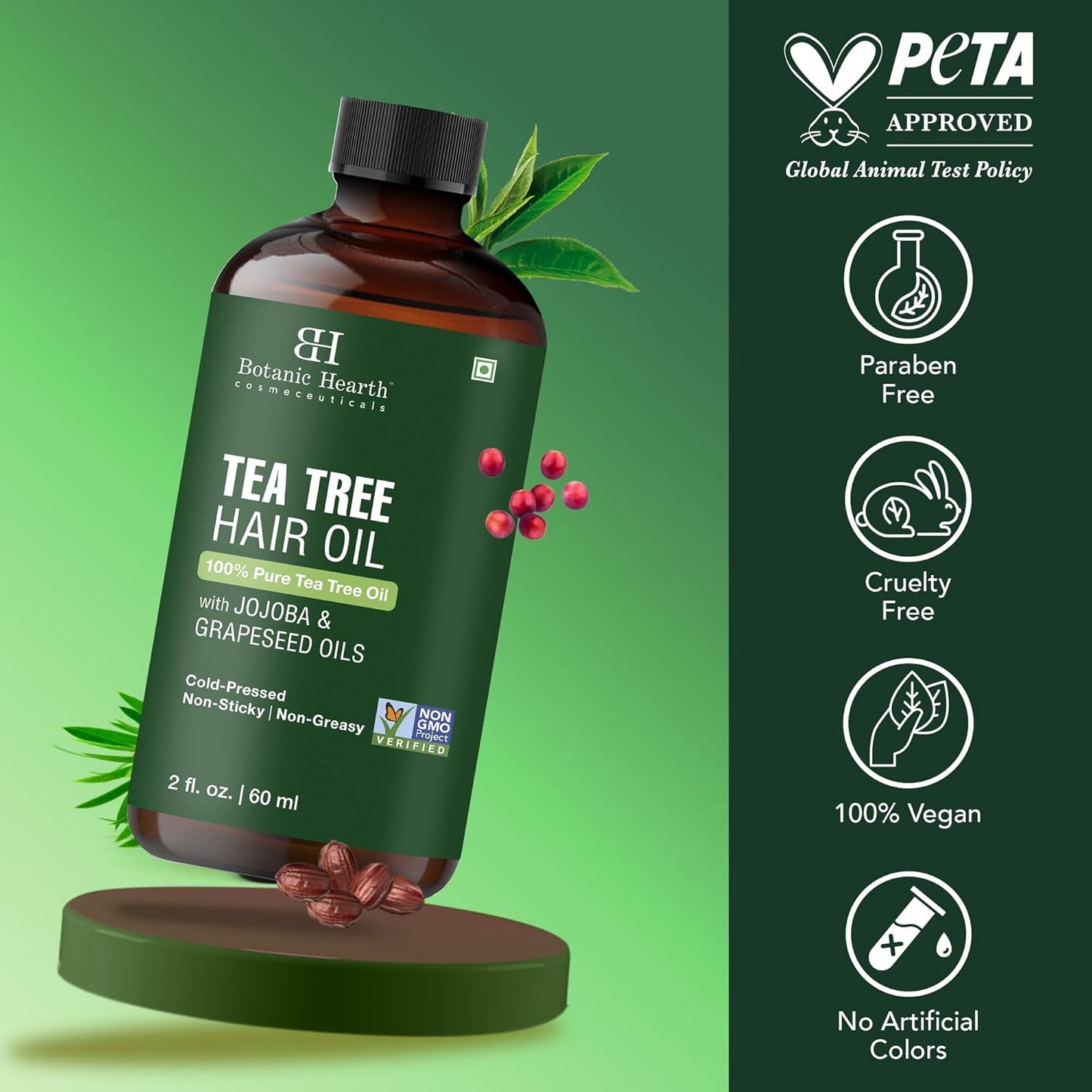 Botanic Hearth 100% Pure Tea Tree Oil (2 Fl Oz) | With Jojoba & Grapeseed Oils | Soothes Itchy Scalp & Fights Dandruff | Hair Oil Repairs Dry Damaged Hair, Strengthening, Healthier Hair- Hair Tonic