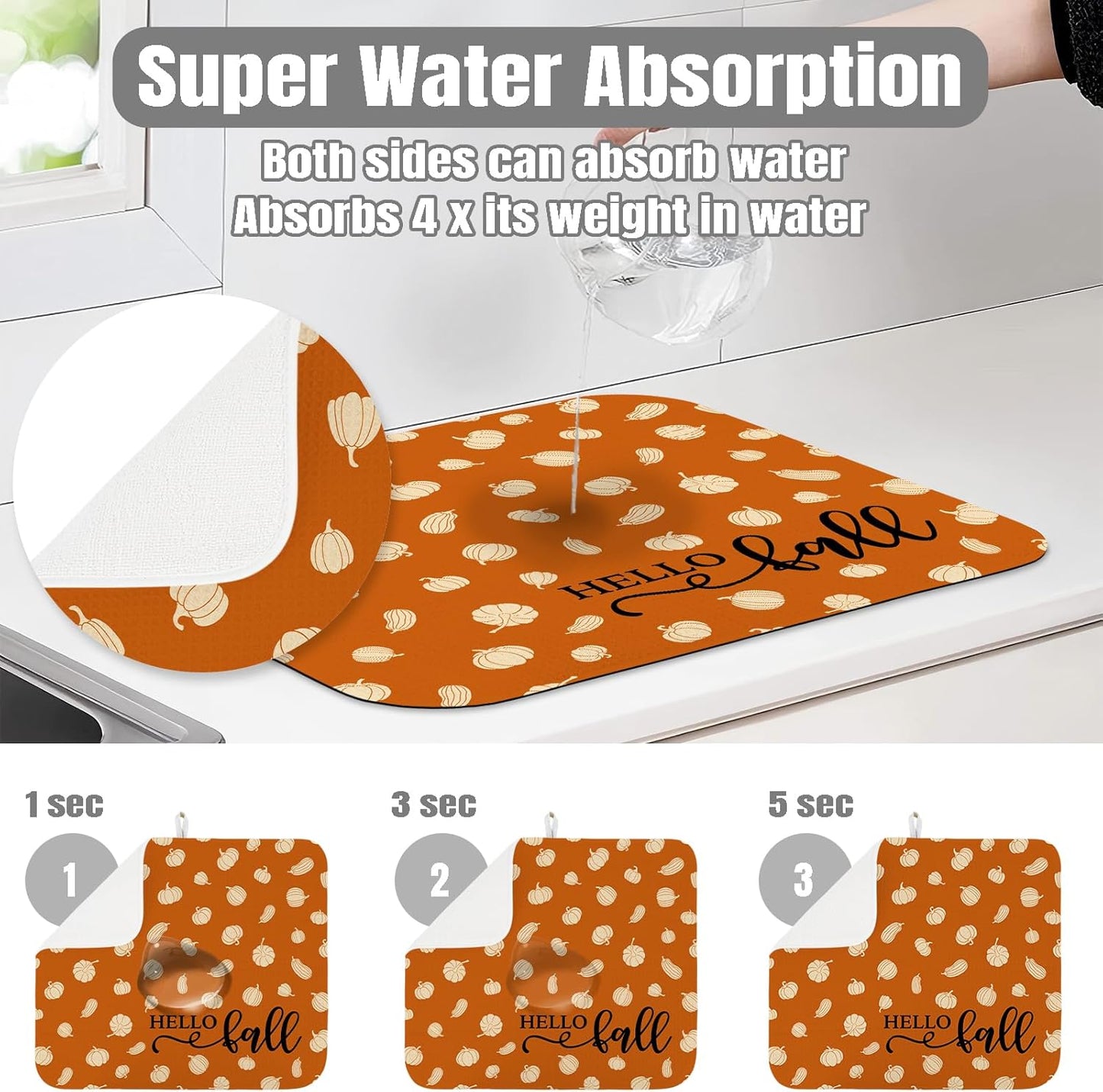 Dish Drying Mat for Kitchen Counter Large 18" x 24" Fall Pumpkin Absorbent Microfiber Dishes Drainer Rack Mats Pad Reusable Washable