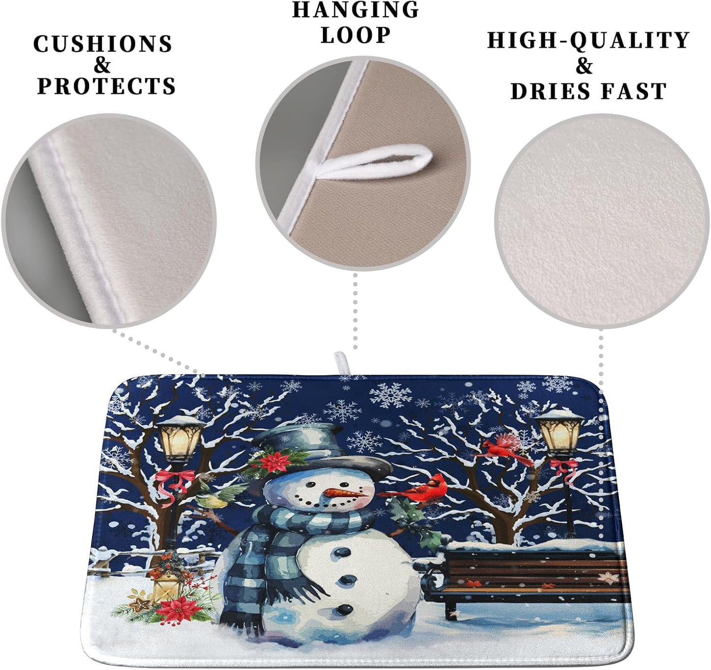 Winter Snowman Dish Drying Mat for Kitchen Counter 16x18, Xmas Snowflakes Dish Drainer Mat Snowy Night Drying Kitchen Mats Cardinal Birld Dish Pad Absorbent Reversible Coffee Mats for Dishes
