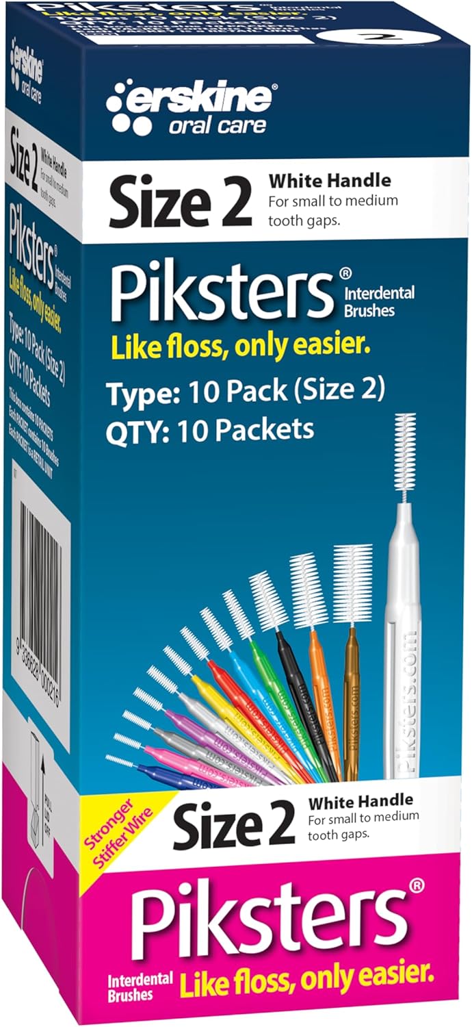 Piksters Interdental Brushes, Size 2, 100 Count (10 x 10 Packs), Interdental Tooth Brush for Extremely Tight and Fine Gaps, Gum Soft Bristles for Plaque Removal, Safe for Braces (100pk)