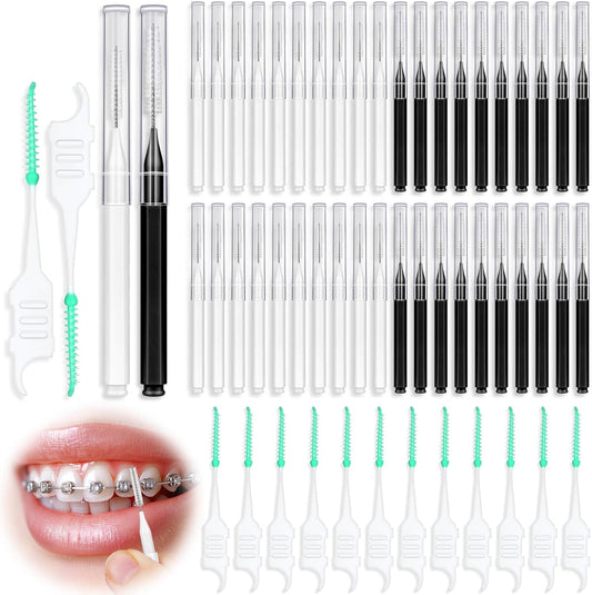 270Pcs Interdental Brush, 220Pcs Soft Dental Picks & 50Pcs Braces Brush for Teeth, Bendable Braces Flossers Heads Interdental Brushes Between Teeth Oral Tooth Braces Cleaner (Black & White)