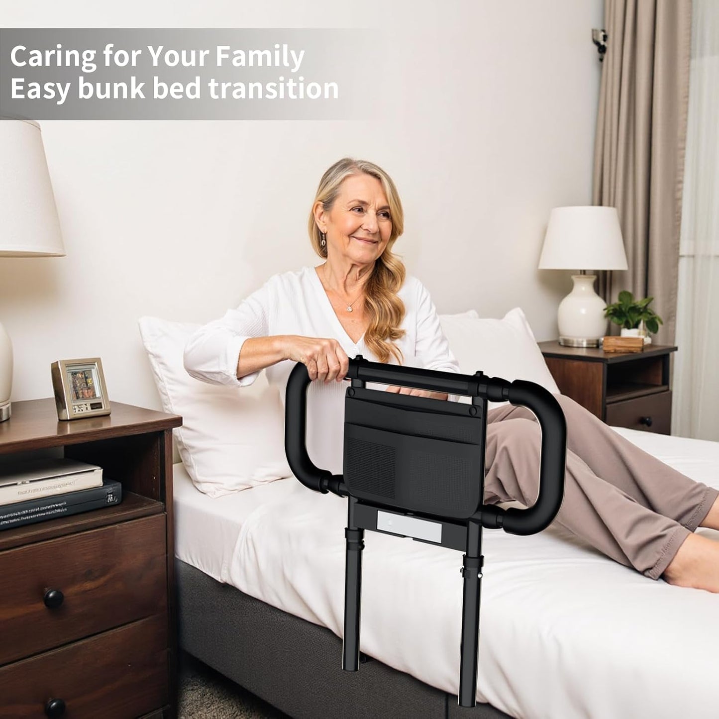 Bed Rails for Elderly Adults Safety: Elderly Assistance Products with Adjustable Double Grips, Storage Pocket, Motion Sensor Light, Items for Elderly Bed Rail, Can Withstand 300lb(Black)