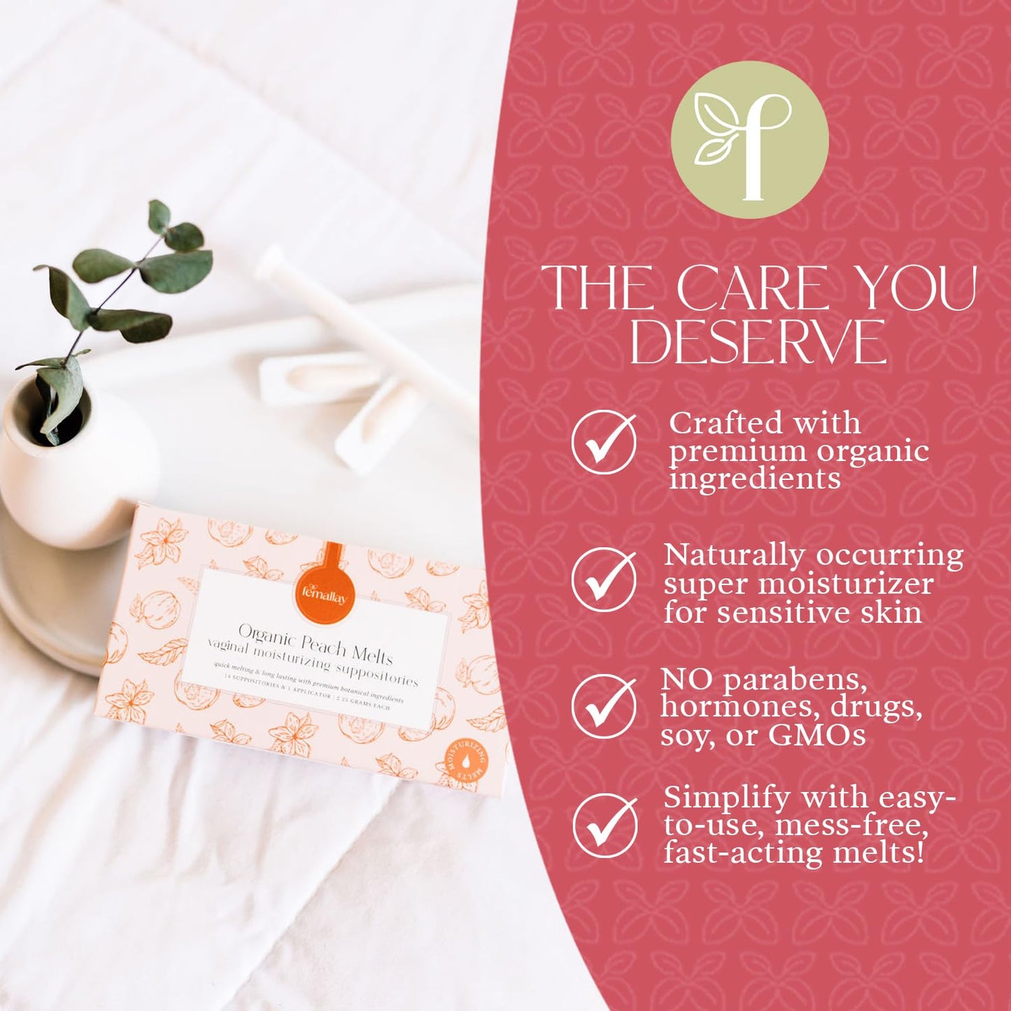 Femallay Organic Vaginal Moisturizing Suppositories – Peach 2 Pack – 100% Natural Relief for Dryness, Odor & Daily Feminine Discomfort – 14 Count + Applicator