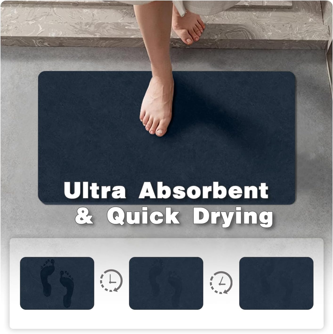 Small Bathroom Mat Quick Dry, Bathroom Rugs Non Slip Washable Thin Absorbent Bath Mat Fits Under Door 12"x12"/1'x1' Navy Blue