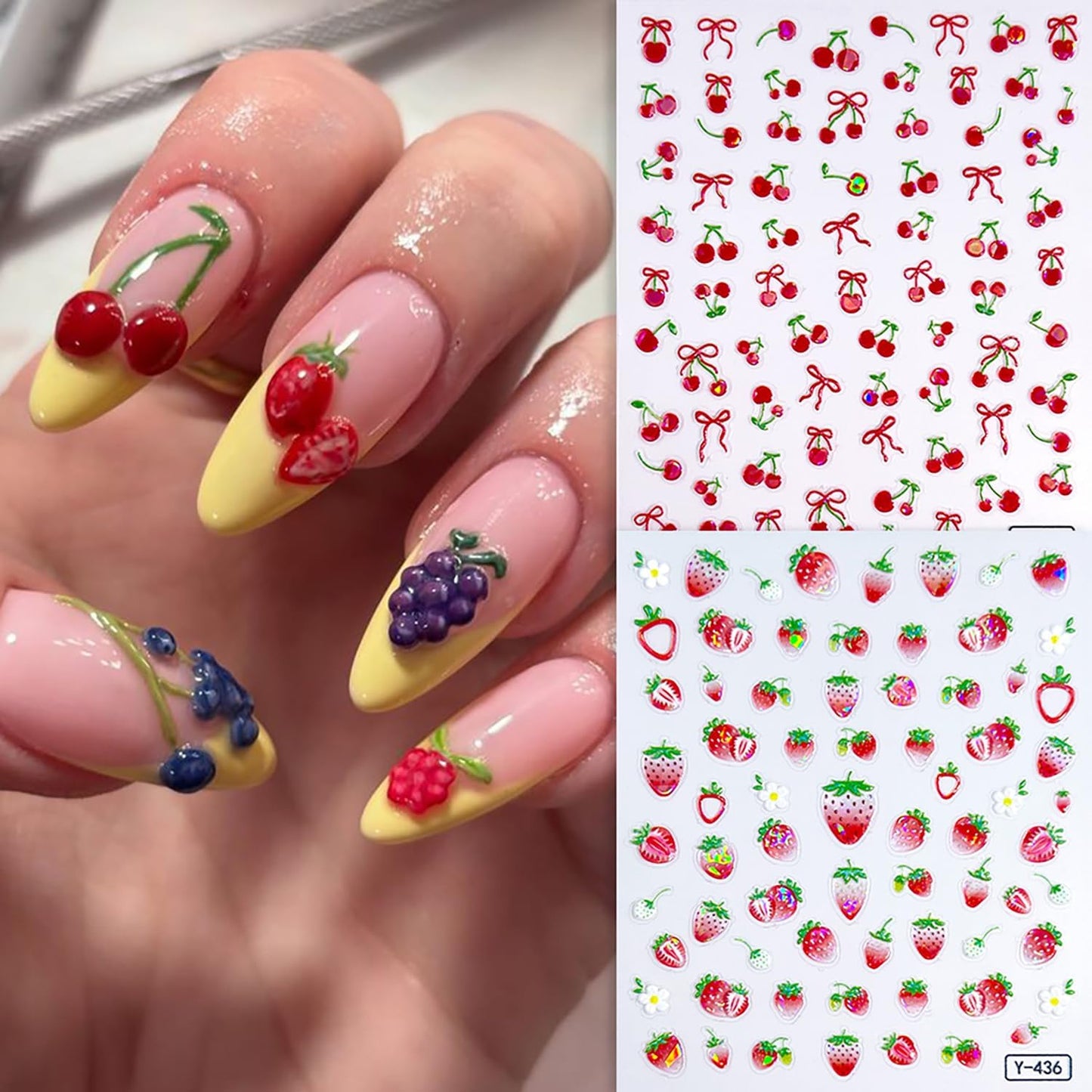 6Sheets Summer Fruit Nail Art Stickers 3D Self -Adhesive Cherry Strawberry Lemon Nail Decals Holographic Cute Peach Watermelon Nail Stickers Fruit Nail Decals Decoration for Women Manicure Supplies