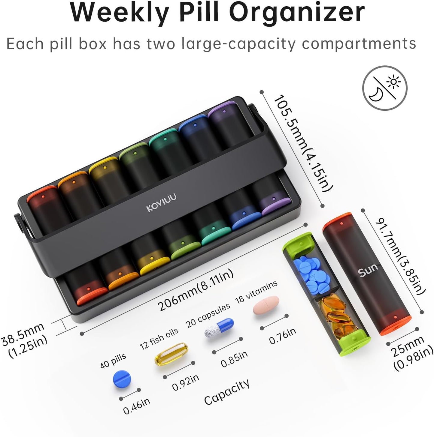Weekly Pill Organizer 2 Times a Day, KOVIUU Large Travel Pill Box 7 Day, Am Pm Twice Daily Pill Case with Rotatable Handle, Pill Holder Container for Vitamin, Medicine, Supplement, Translucent-Black