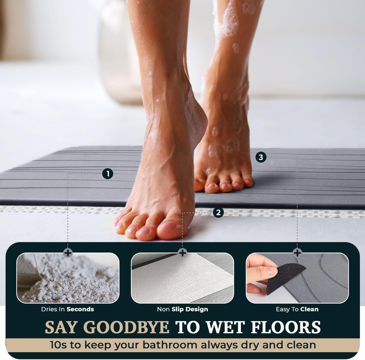 23" x 15" Diatomaceous Earth Shower Non Slip Stone Bath Mat | Quick Dry Super Absorbent Large Mats for Kitchen | Anti-Slip Fast Drying Water Absorbing Stone Bath Mats for Bathroom | Engr-Gray