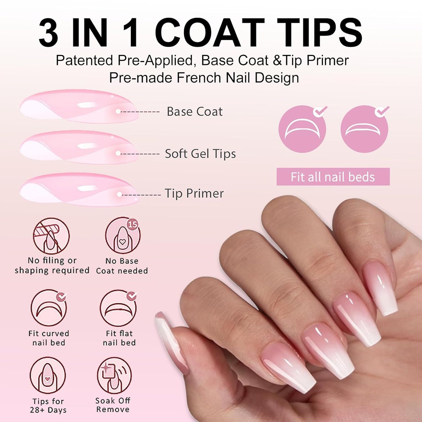 240Pcs False Nails Kit, Ombre Short Coffin Ballerina Press On Nails Pink White Gradient Soft Gel False Nail Tips Salon Perfect Fake Nails Kit Gift for Women Extensions DIY (Coffin)