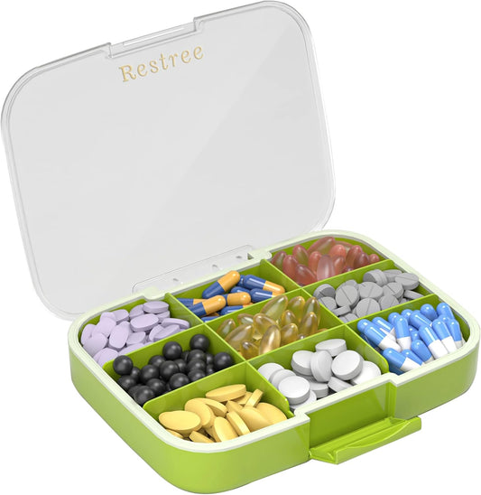 Restree Large Pill Organizer, Moisture Proof & Waterproof Travel Pill Case, Portable Medication Box with Adjustable Dividers for Vitamins Supplements Fish Oil and Daily Pills 9 Compartments (Green)