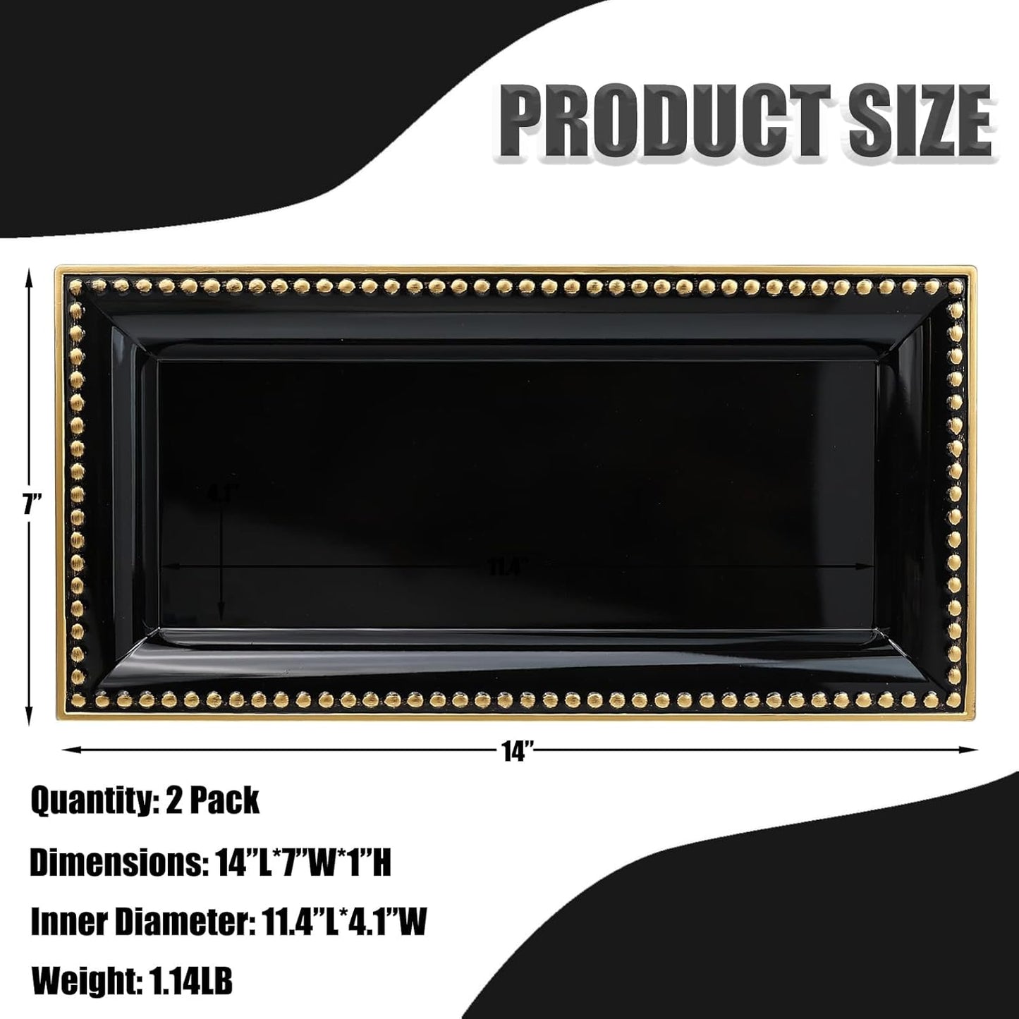 2 Pack Black Bathroom Vanity Tray for Countertop with Beads, Small Plastic Toilet Tank Versatile Storage Organization Tray for Makeup, Perfume, Desk, Kitchen, Candles, 14"x7"x1", 36B