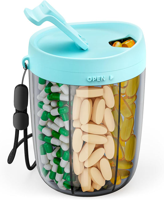 PULIV Large Supplement Organizer Bottle, Holds Plenty of 6 Various Vitamins in 1 Pill Dispenser with Anti-Mixing & Wide Openings Design, Easy to Retrieve Meds, Includes 20 Pcs Stick-on Labels Cyan