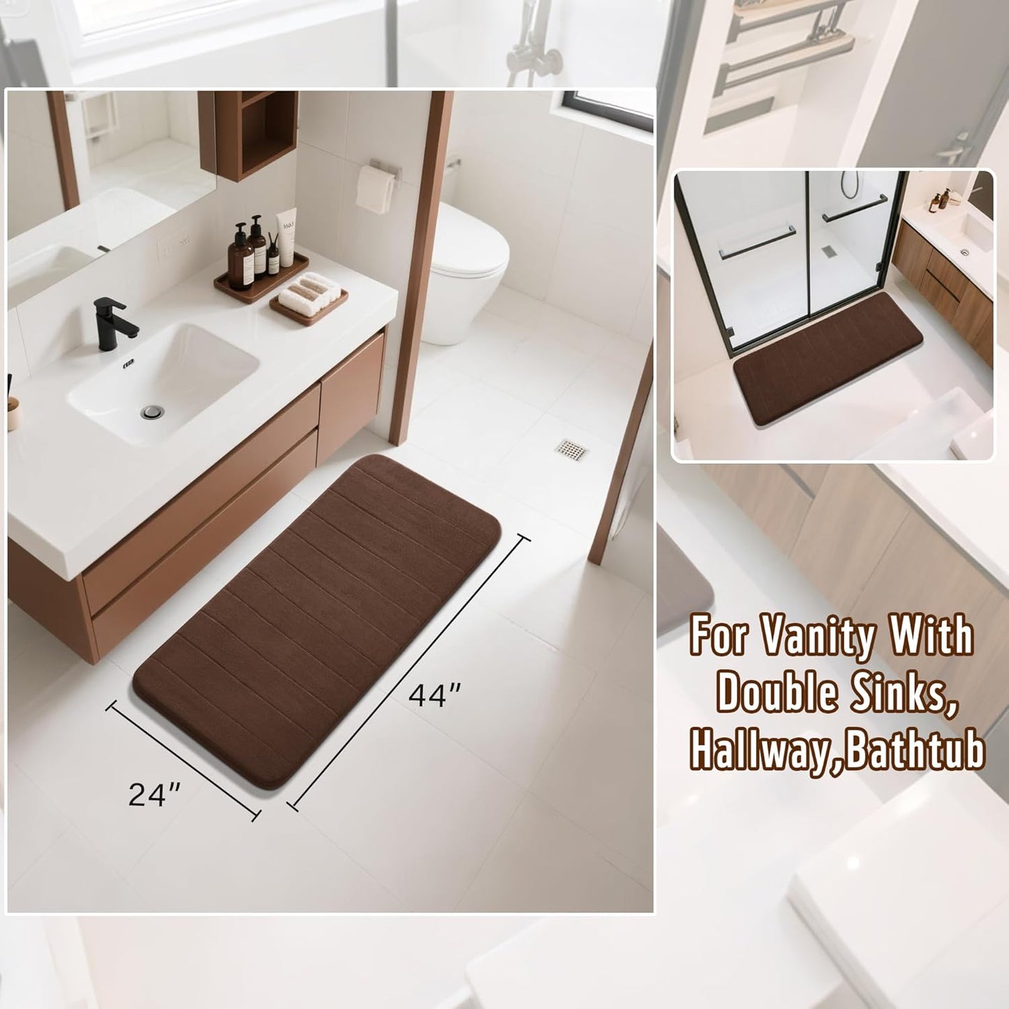 Yimobra Long Bath Mat 44"x24", Super Soft Quick Dry Memory Foam Bathroom Rug, Water Absorbent, Non Slip Backing Machine Washable for Tub Shower, Thick Comfort Support, Brown