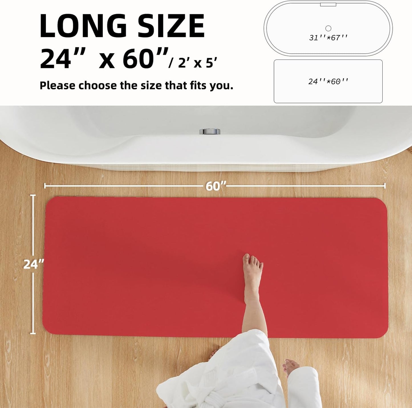 Christmas Bath Mat, Red Bathroom Rugs Non Slip Washable Thin Absorbent Bath Mat Fits Under Door Bathroom Floor Mat Perfect for Bath, Shower, or Sink 24"x60" Red