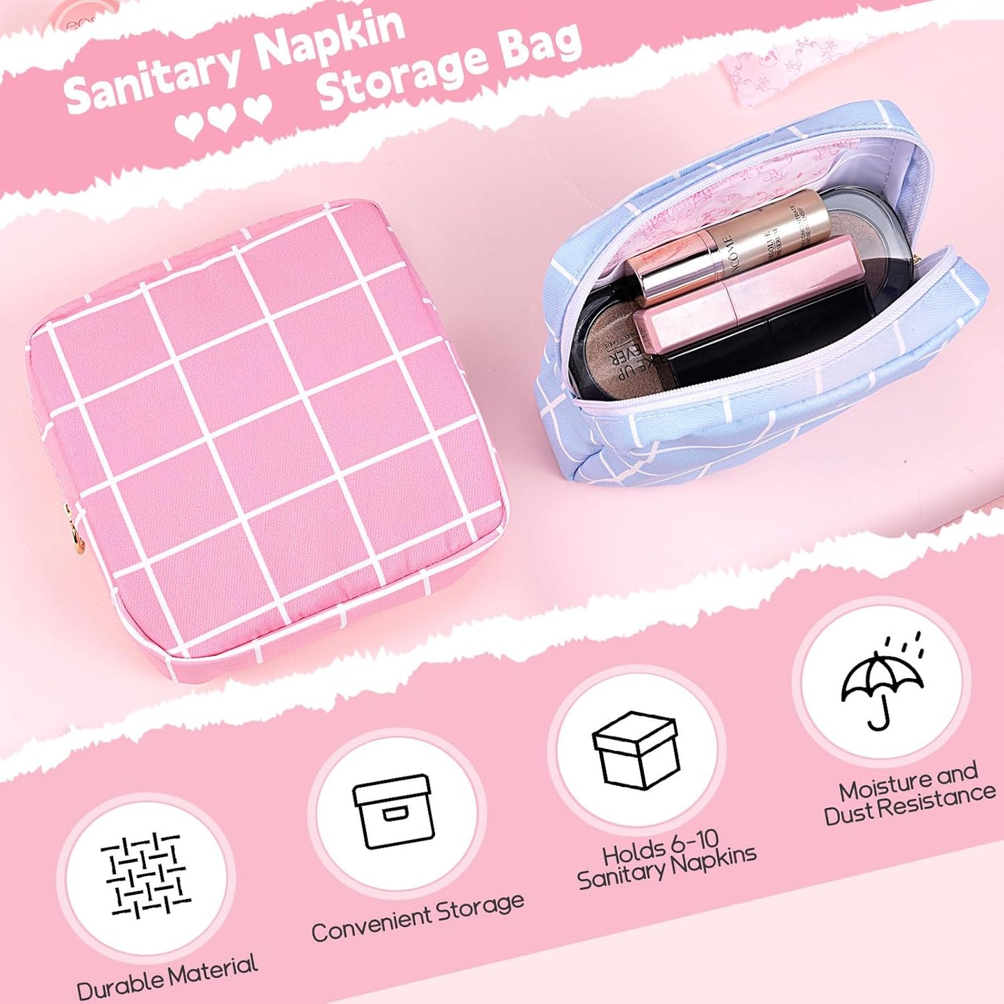 Desing Wish Period Bag Pouch Soft Cloth Sanitary Napkin Storage Bag Portable Menstrual Pad Pouches Tampon Holder for Purse First Period Kit for Girls 9-12 (Rose-Pink Check)
