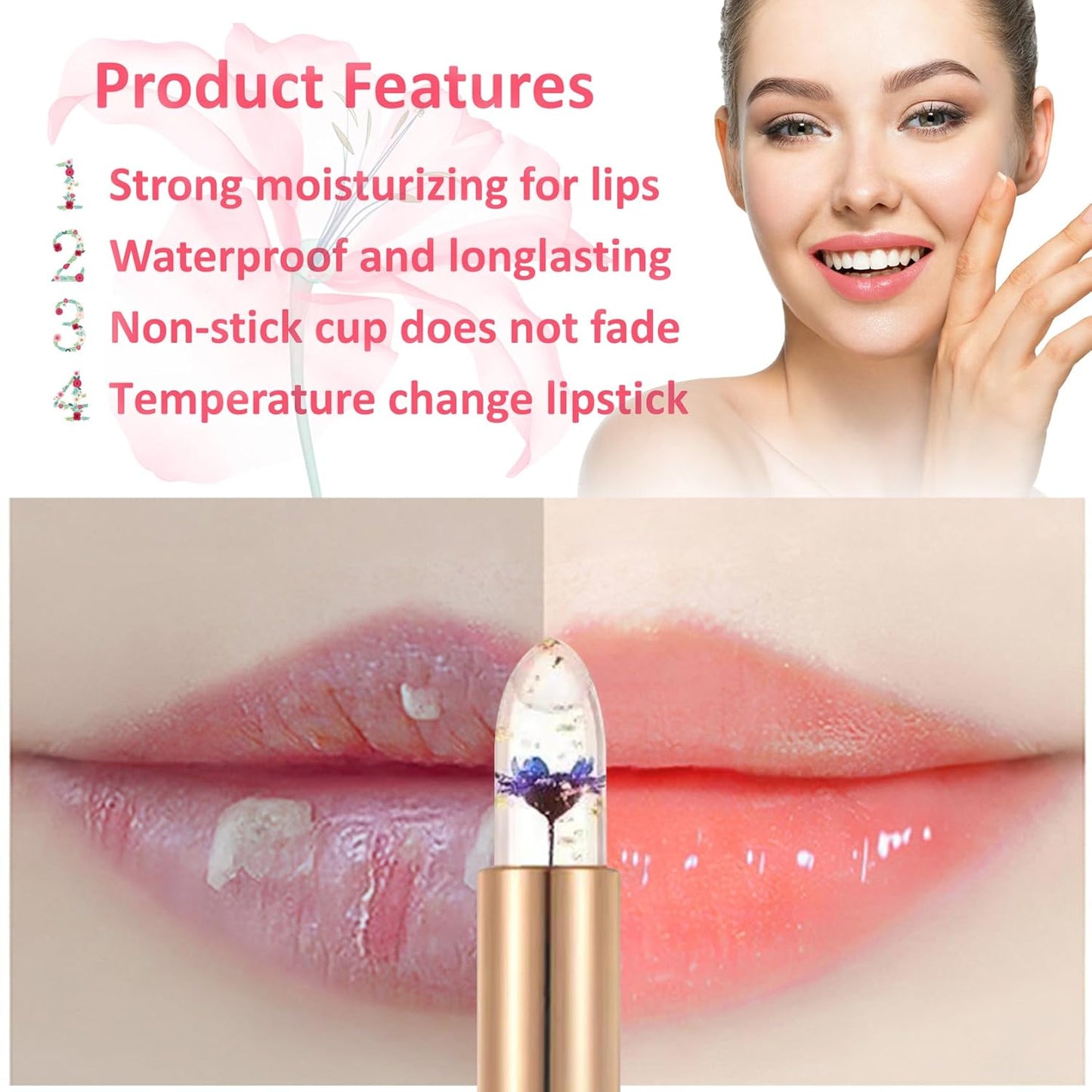2 Pack Crystal Flower Jelly Lipstick,Magic Color Changing Lipstick,PH Clear Temperature Color Changing Lip Gloss,Lip Balm,Long Lasting Nourishing Moisturizing Lip Stick Set X01+02