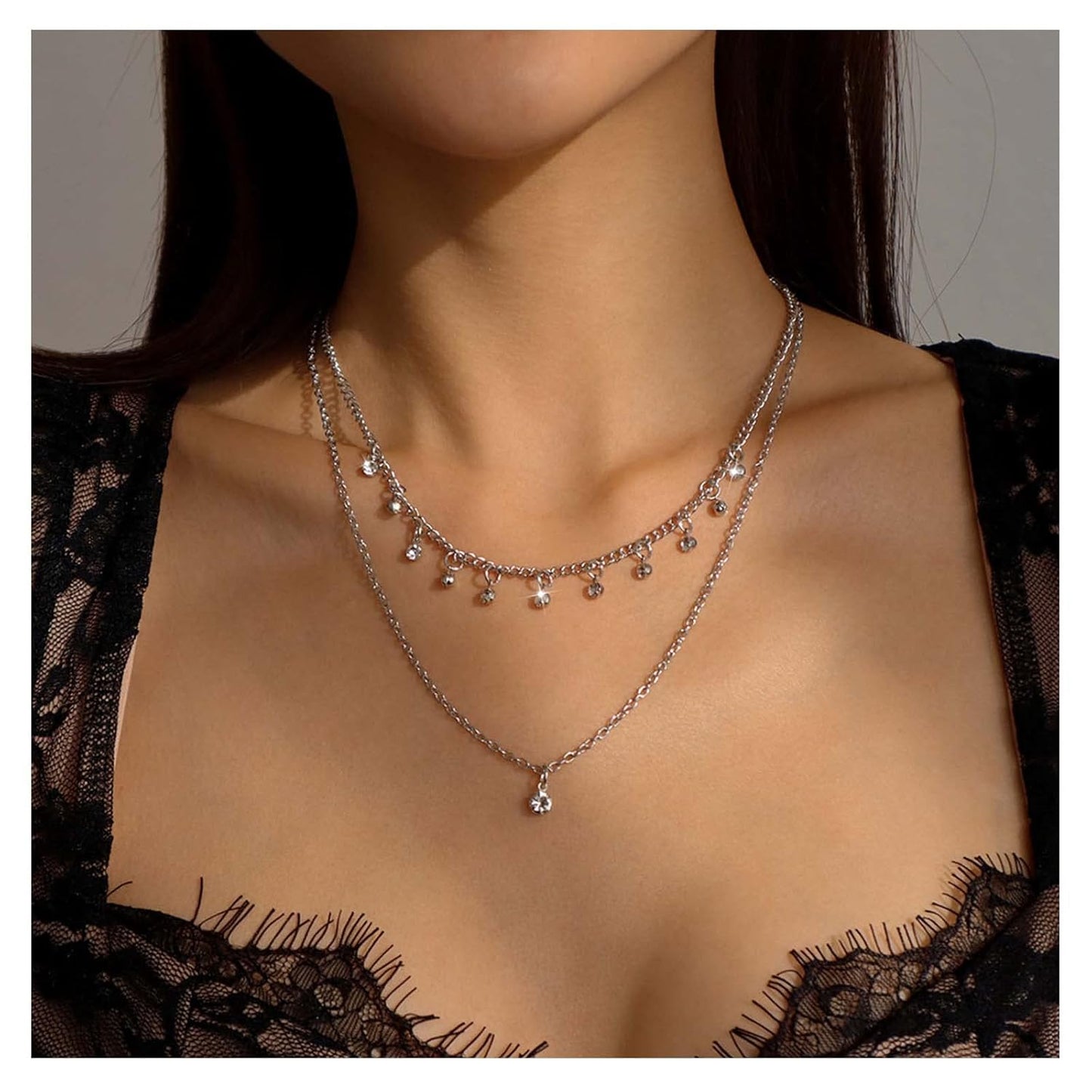 Boho Layered Silver Choker Necklace Crystal Pendant Necklace Rhinestone Tassel Choker Necklace Sparkly CZ Dangle Necklace Chain Jewelry for Women and Girls (Silver)