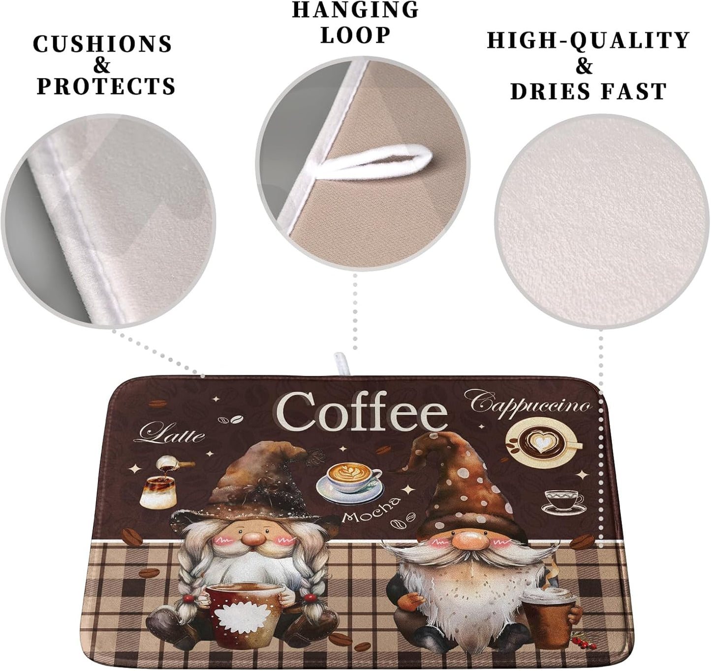Chef Gnome Kitchen Dish Drying Mat for Kitchen Counter 18x24 Inch, Brown Buffalo Plaid Cooking Mocha Coffee Mat Reversible Microfiber Super Absorbent Quick Dry Rack Pad for Bar Sinks Home Decor