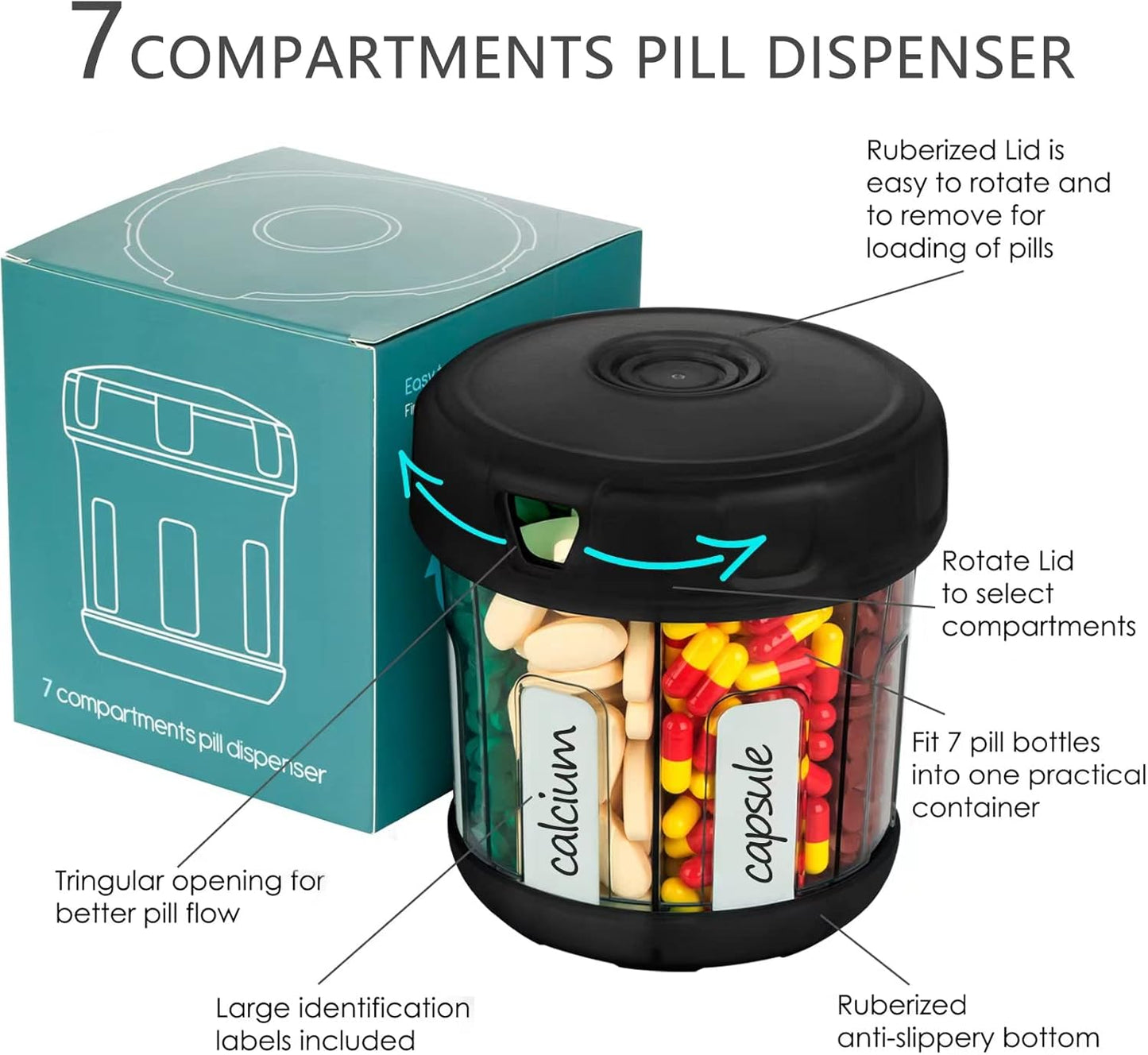 Extra Large Supplement Organizer with XL 7 Compartments, TPU Soft Lid Easy to Load and to Use Pill Dispenser, 1 Month Jumbo Vitamin Holder Medicine Organizer Storage