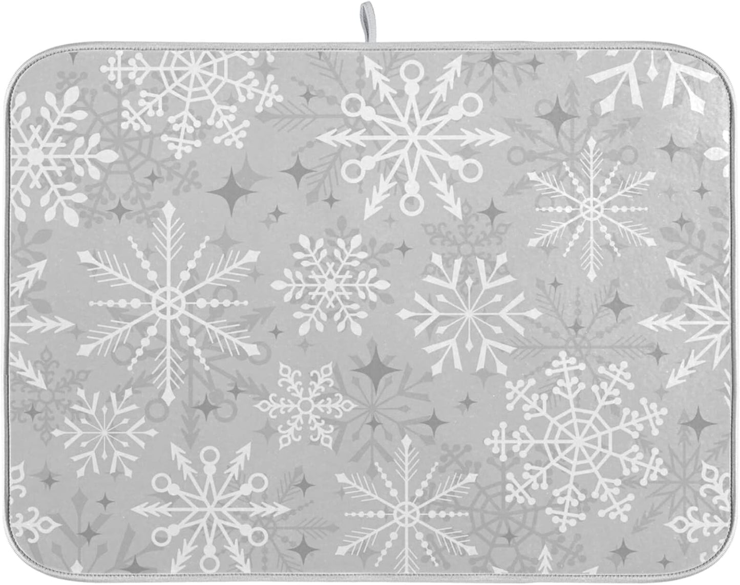 Dish Drying Mat for Kitchen Counter 18 x 16 Inch Christmas Silver Snowflake Microfiber Dish Mat Drying Pad Absorbent Dishes Pad Dish Drainer Rack Mats