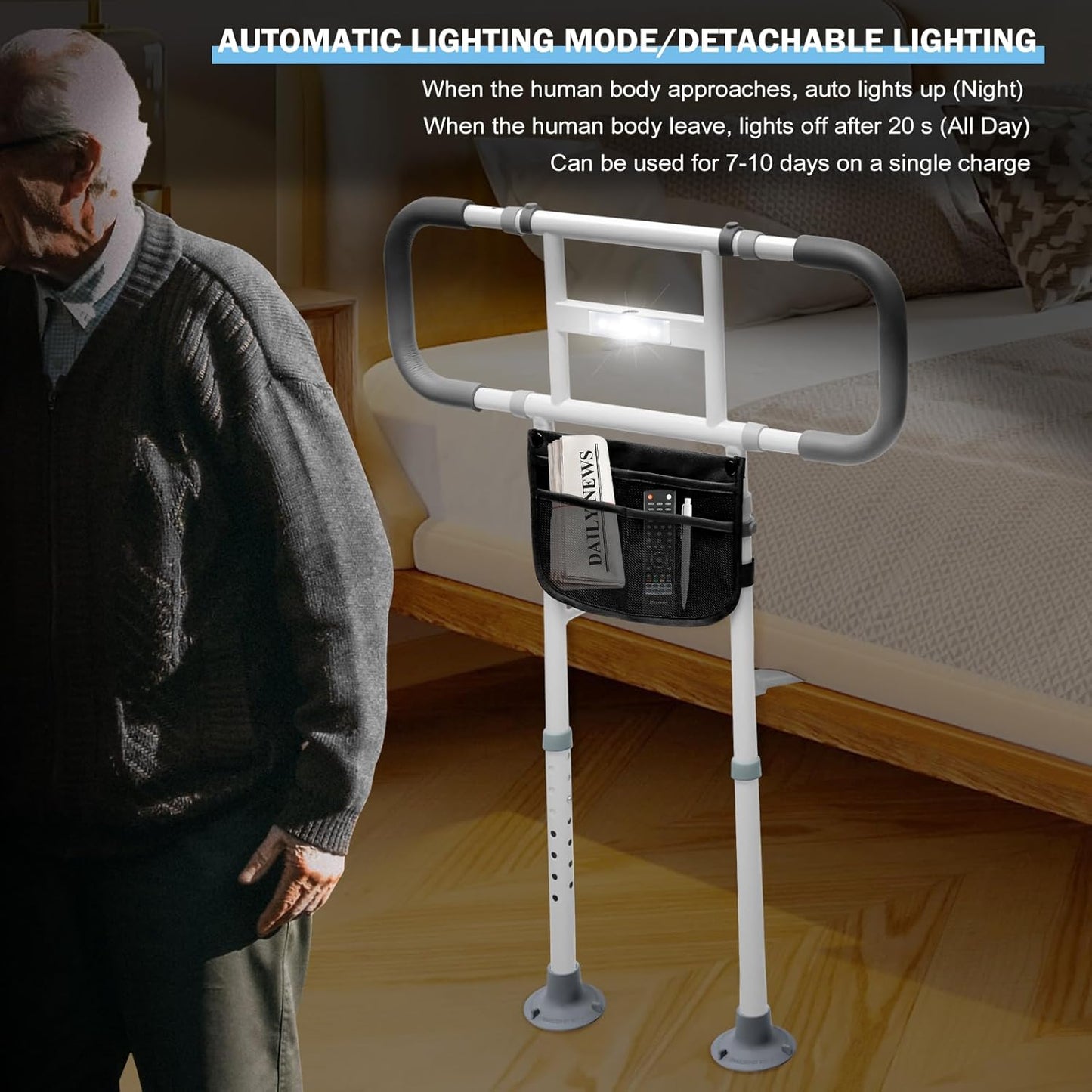 Bed Rails for Elderly Adults, Height Adjustable Bed Assist Rail with Motion Light & Storage Pouch, Safety Bed Handle with Support Legs for Seniors, Fit Any Bed