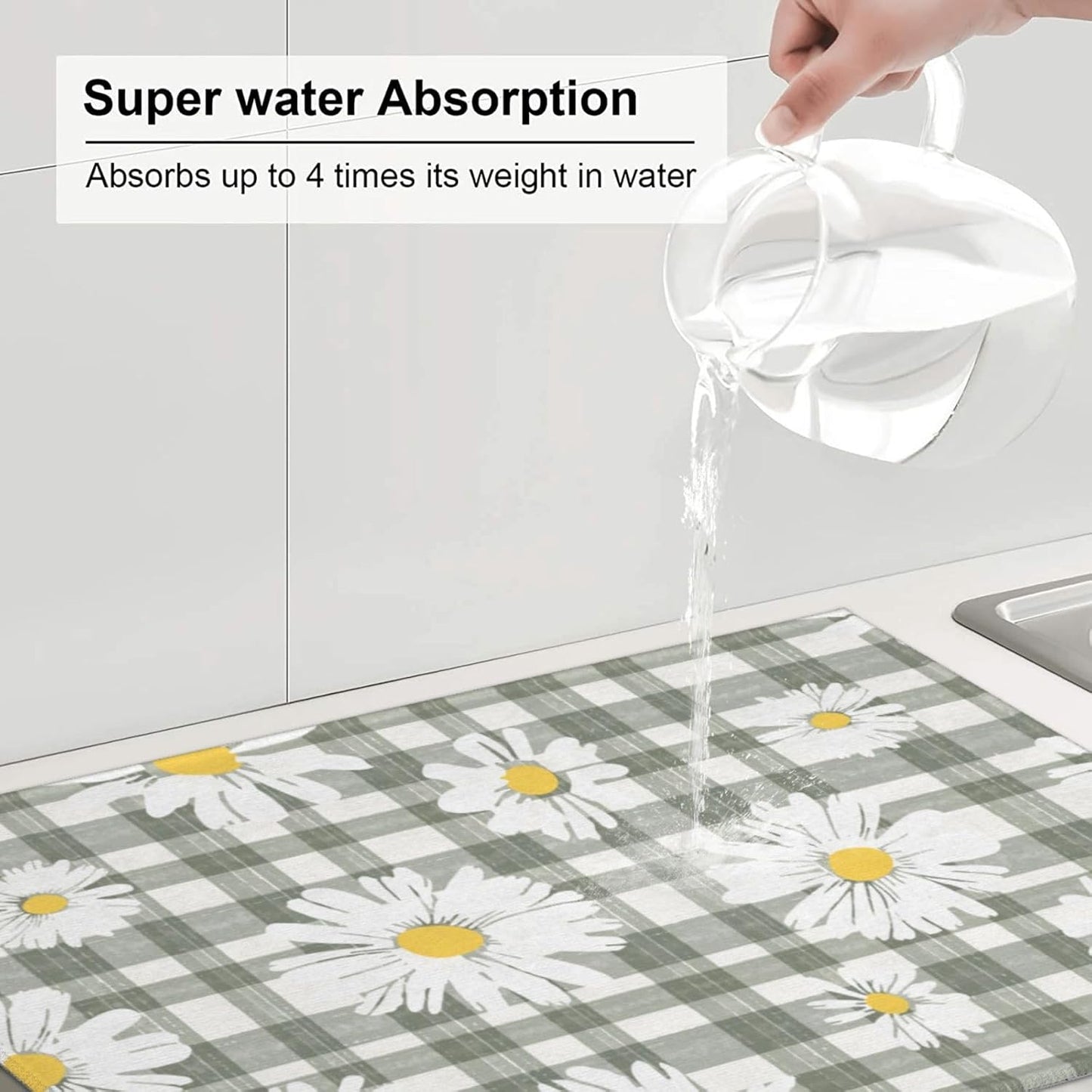 Daisy Dish Drying Mat For Kitchen Counter Absorbent Large Kitchen Fast Dry Pad Reusable Washable Protector Rack Large Mat 18 X 24