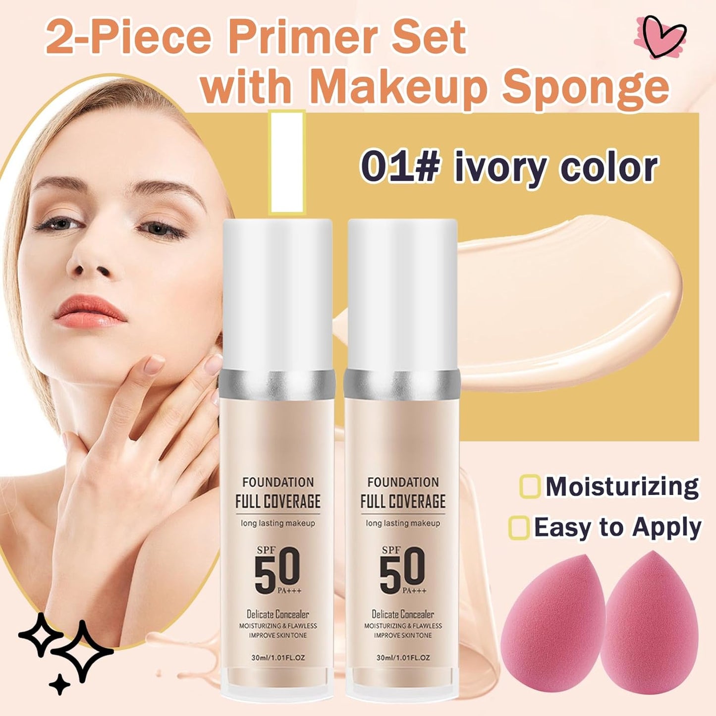 2PCS Ivory White Foundation Makeup Set with 2 Makeup Sponges,Moisturizing Full Coverage Liquid Foundation for Women,Non-greasy Long Lasting Flawless Concealer Cream Makeup Foundation Set