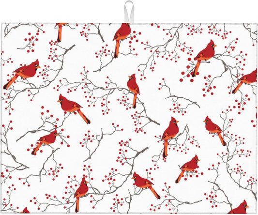 Cardinal Bird Red Berry Decor Microfiber Dish Drying Mat for Kitchen Counter Cute Dishes Pad Dish Drainer Rack Mats 18"x24" Absorbent Washable Reusable Home Holiday Decor