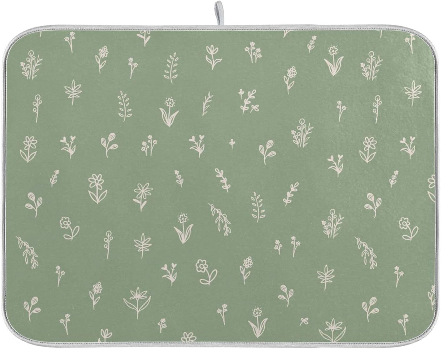 Sage Green Dish Drying Mat Quick Absorbent 18x24 Doodled Botany Flowers Leaves Herbs Plants Kitchen Drying Mat for Countertop Sink Reusable Dishes Mats Kitchen Essentials