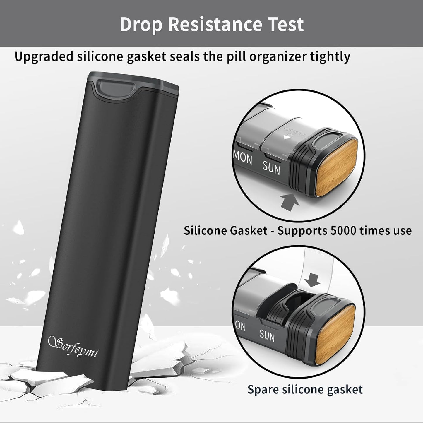 Metal Weekly Pill Organizer, Serfeymi Aluminum Daily Pill Box(Spare Gasket Provided),7 Day Pill Case Travel Medicine Organizer,Pill Containers with Individual Lid for Vitamins,Pills, Supplement-Black