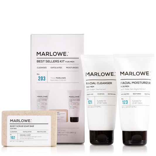 MARLOWE. Best Sellers Kit No. 203, Features Signature No. 102 Original Body Scrub Soap Bar, No. 121 Facial Cleanser & No. 123 Facial Moisturizer, Great Gift for Men