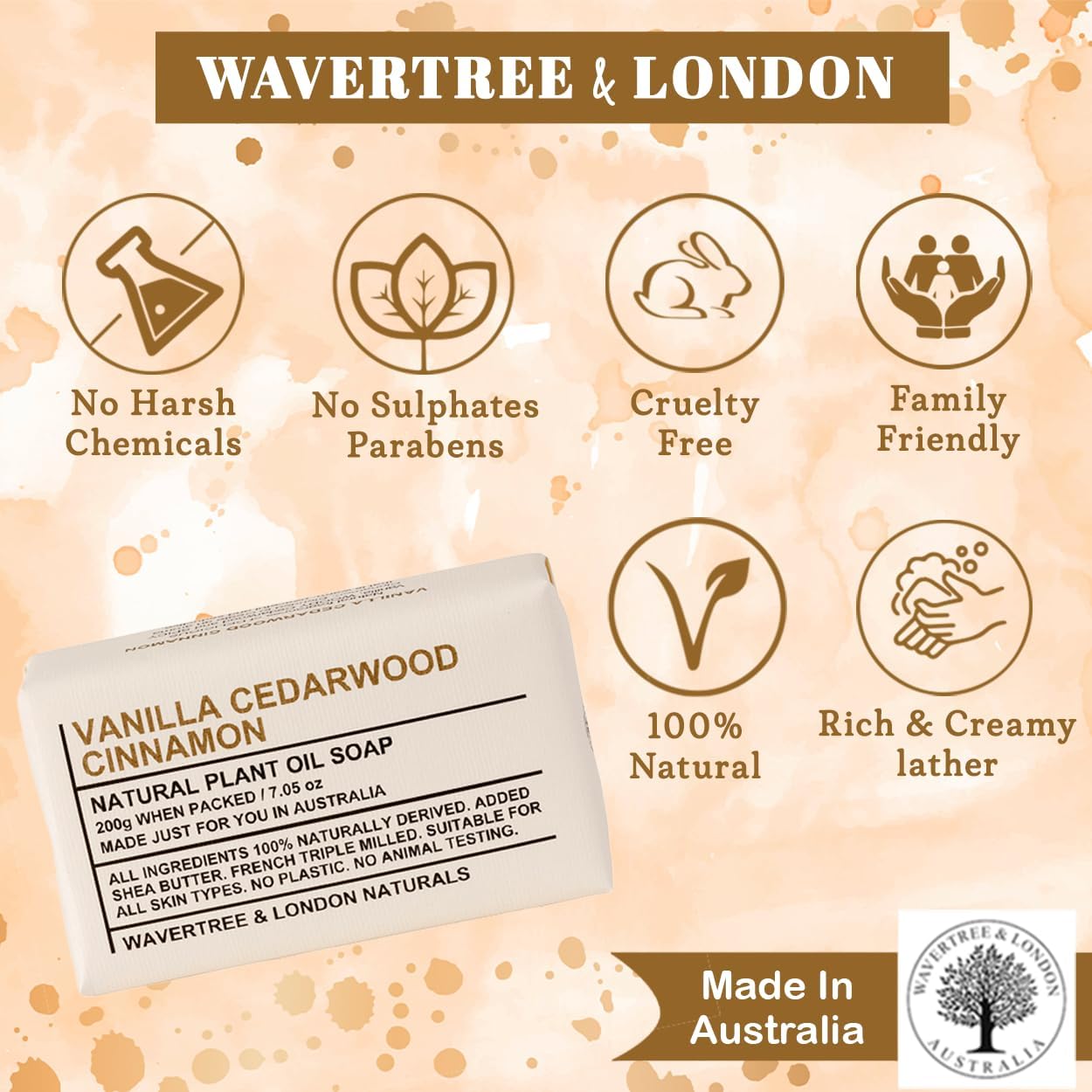 Wavertree & London Vanilla, Cedarwood, & Cinnamon Scented 100% Natural Soap Bar, 7oz Moisturizing French Triple Milled Soap Bar for Women & Men enriched with shea butter - Pure Bath & Body soap bar