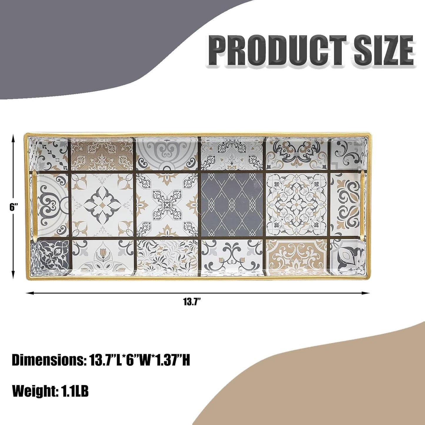 Bathroom Vanity Tray for Countertop, Small Plastic Toilet Tank Tray Versatile Storage & Organization Tray for Makeup, Perfume, Desk, Kitchen, Candles, 13.7"x6"x1.4", 35Boho3