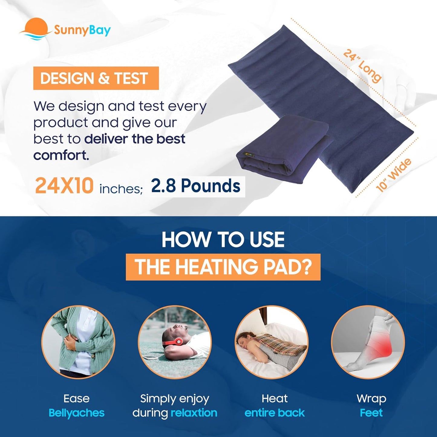 SunnyBay Lavender Microwave Heating Pad, Microwavable Heavy Weighted Full Body Moist Hot Pack and Washable Fleece Cover, 10x24 Inches, 4 lbs, Made in USA, Midnight Blue