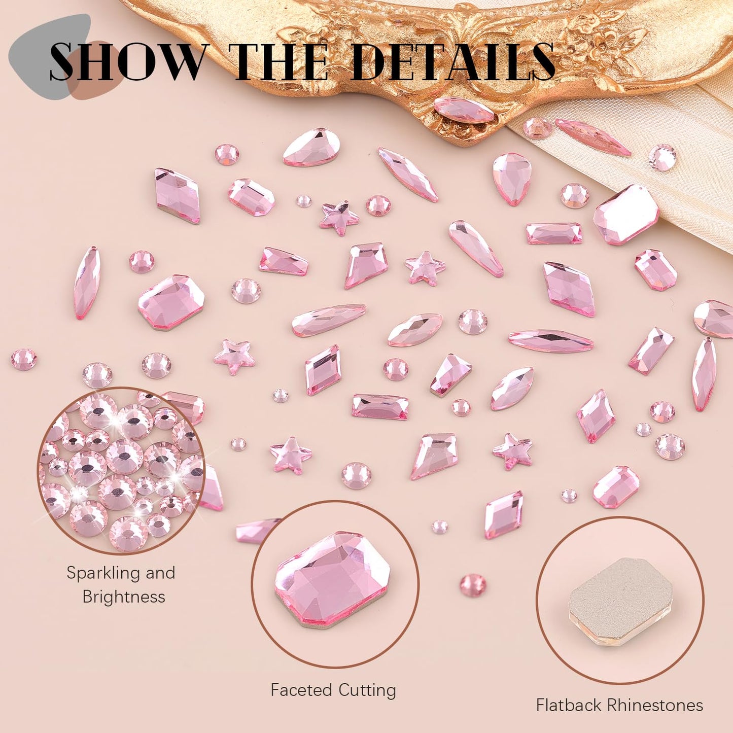 3220 Pink Glass Nail Rhinestones - Multi Shapes, Flatback Gems + 3100 Round Crystal with Glue Gel, Manicure Nail Charms for Art