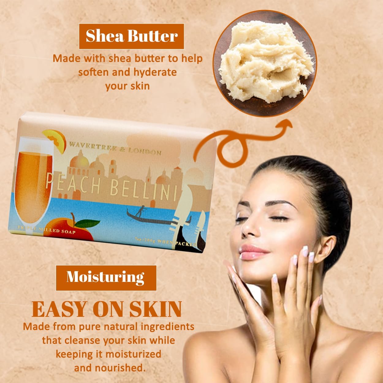 Wavertree & London Peach Bellini Scented Natural Soap Bar, 7oz Moisturizing French Triple Milled Soap Bar for Women & Men