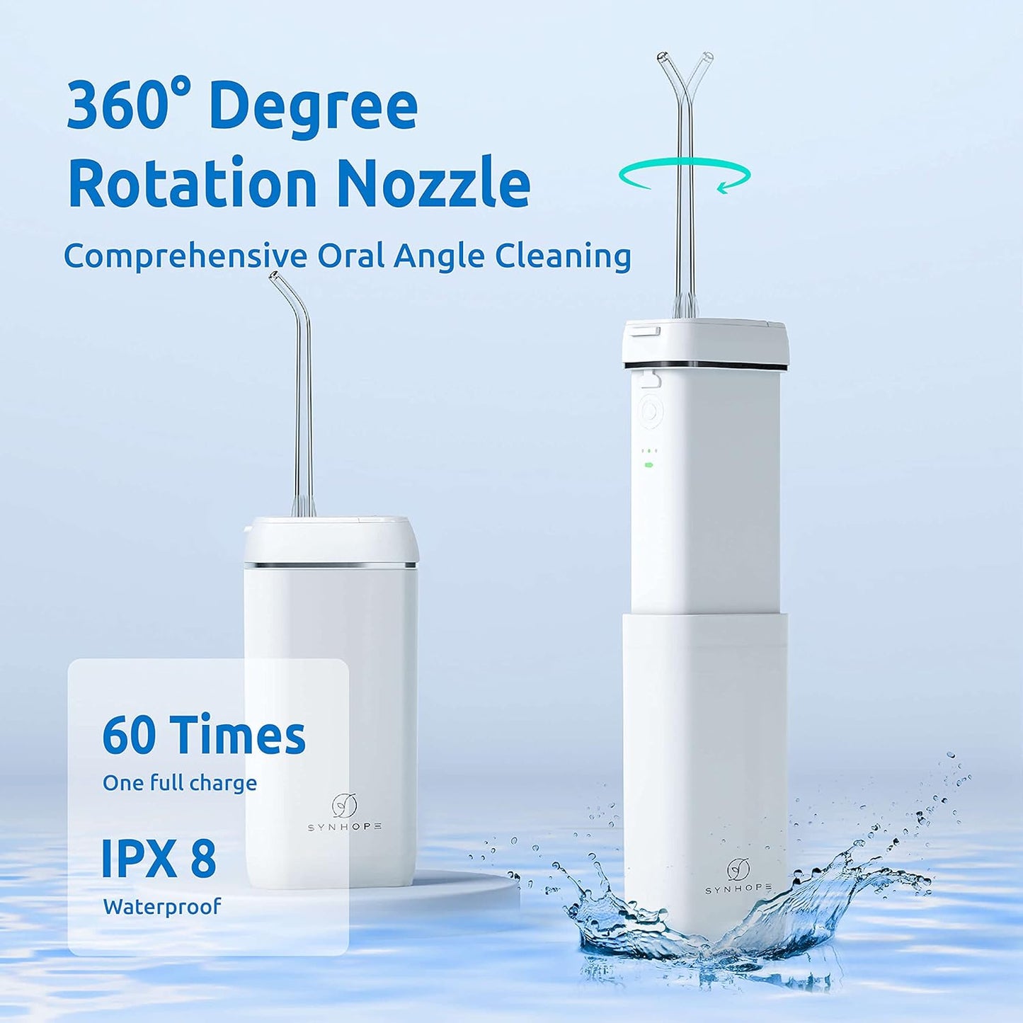 SYNHOPE Mini Cordless Portable Water Flosser Teeth Cleaner Pick, Telescopic Water Tank, 3 Modes & IPX7 Waterproof, Home & Travel Oral Irrigator for Teeth, Braces Bridges Care, White