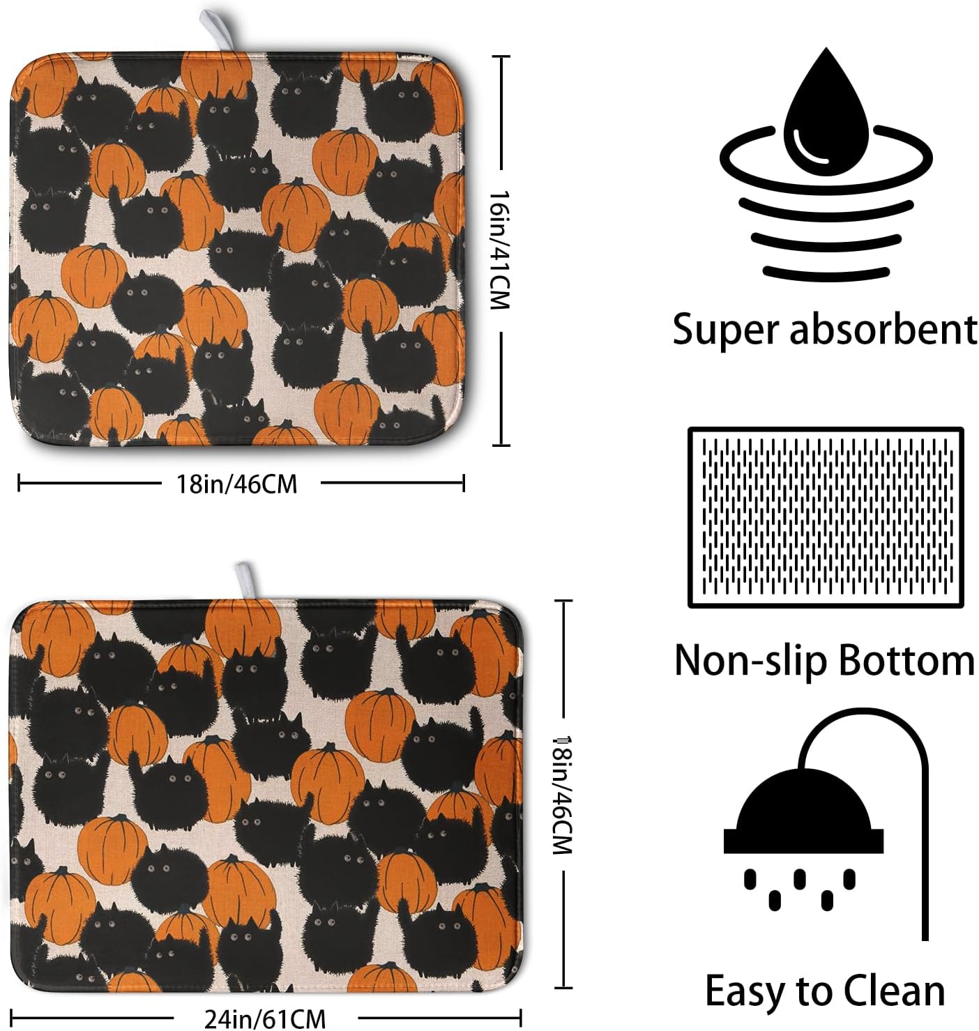 Happy Halloween Dish Drying Mat for Kitchen Counter 16x18 Inch Cute Pumpkin Black Cat Trick or Treat Drying Mats Large Microfiber Absorbent Dish Rack Pad for Coffee Bar Sinks Home Accessories