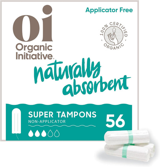 Oi | Organic Initiative - 100% Certified Organic Cotton Non-Applicator Tampons | Ultra-Absorbent, Unscented, Natural, Non-Toxic, Applicator Free | Super | 56 Tampons