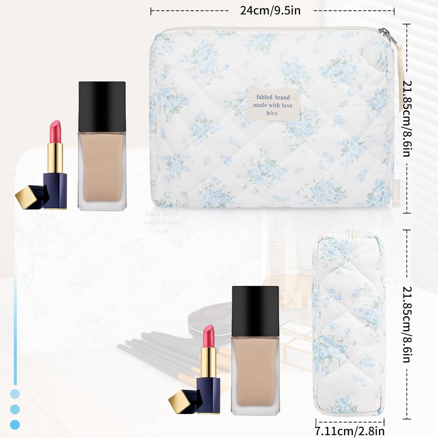 Floral Makeup Bag, Large Cosmetic Bag for Women Girls, Cute Cotton Makeup Pouch, Quilted Makeup Bags, Flower Travel Toiletry Organizer Bag(Blue Rose)