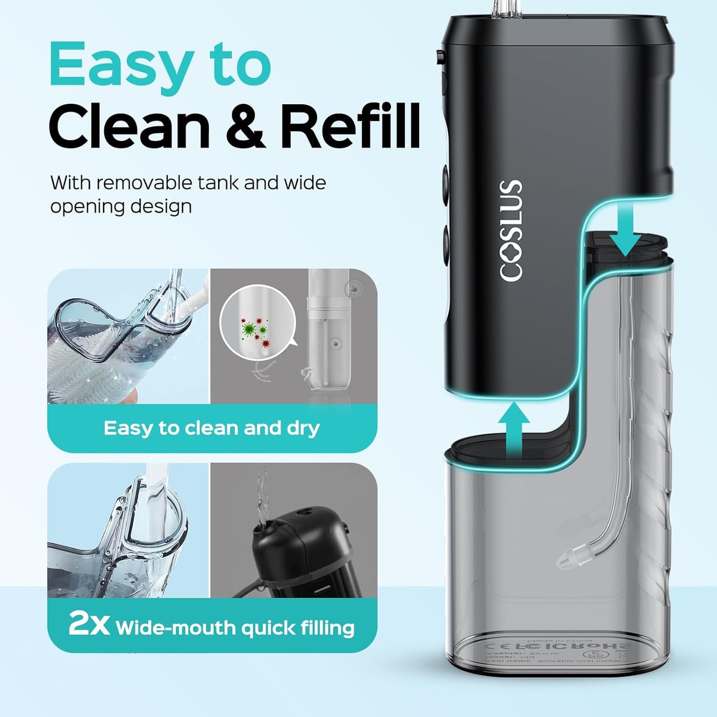 COSLUS Mini Water Flosser for Travel: Portable Compact Design, Cordless Oral Irrigator with 4 Modes, Removable Tank, IPX7 Waterproof for Braces, Orthodontic, Sensitive Teeth On-The-Go Use, Black, T40