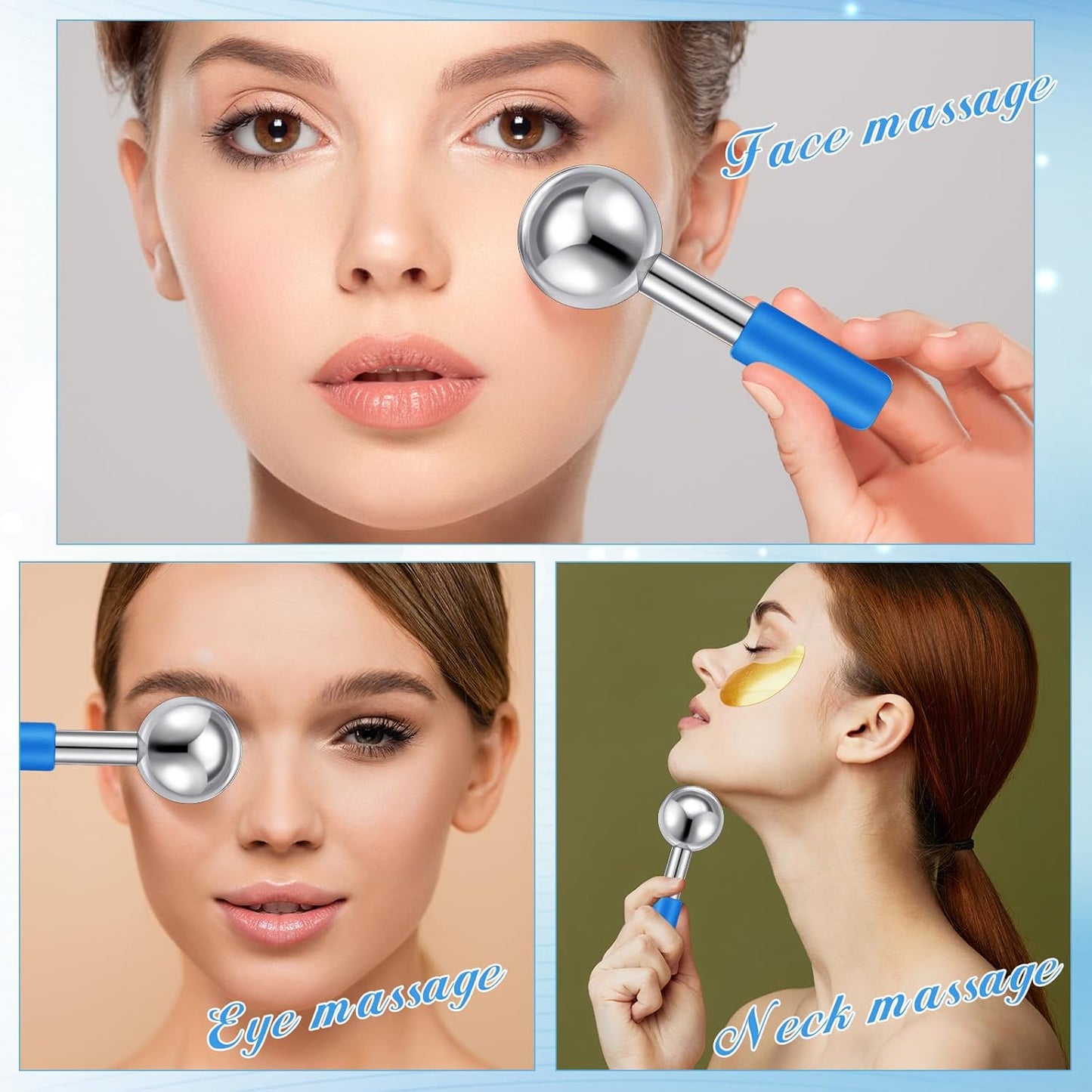 Baderke 2 Pcs Ice Globes for Face Stainless Steel Cooling Globes Unbreakable Cooling Roller Women Ice Balls Cryo Sticks Face Skin Care for Dark Circles, Puffiness(Silver (blue Handle))