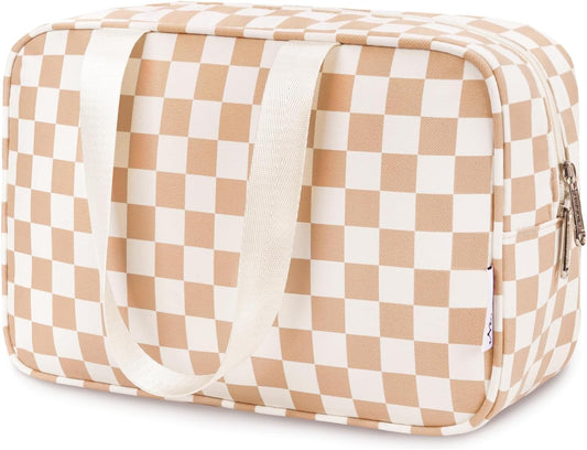 Narwey Large Checkered Travel Toiletry Bag Women Toiletries Bag Makeup Bag with Handle Make up bag Organizer Cosmetic Bag Medicine Bag for Girls (Light Checkerboard, Large)