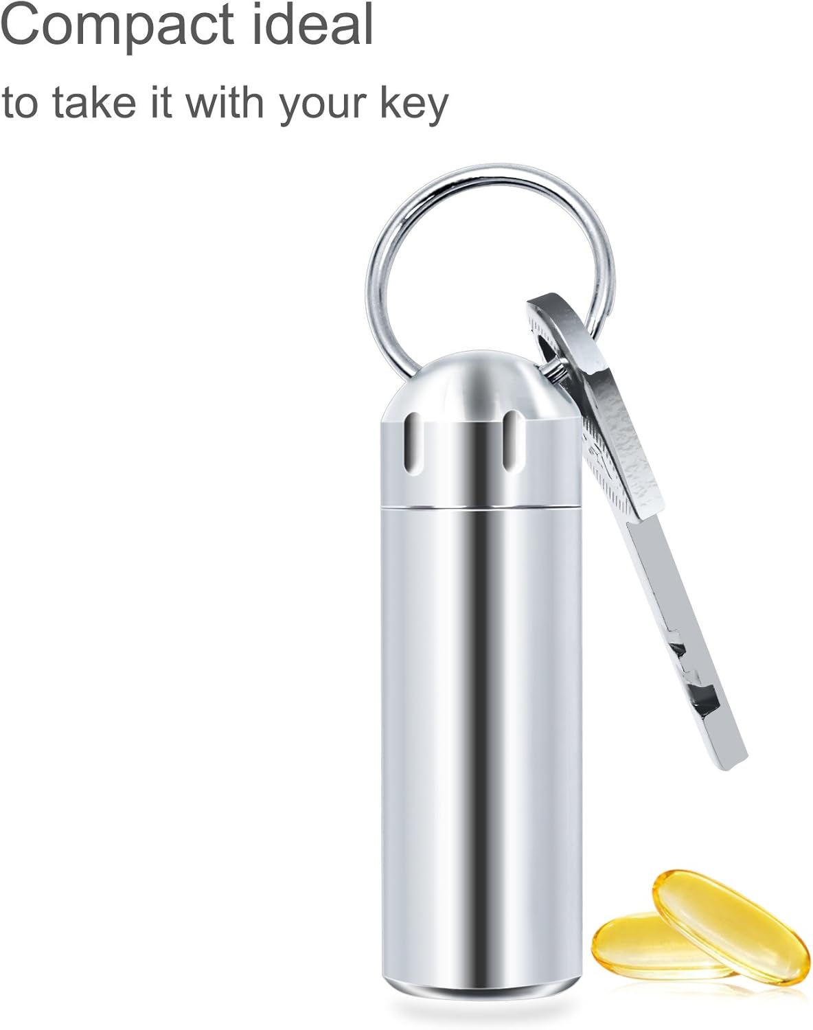 SHD 2 Pack Pill Container Keychain Pill Holder 100% Waterproof Pill Case Single Chamber Stainless Steel Pill Box (Silver)