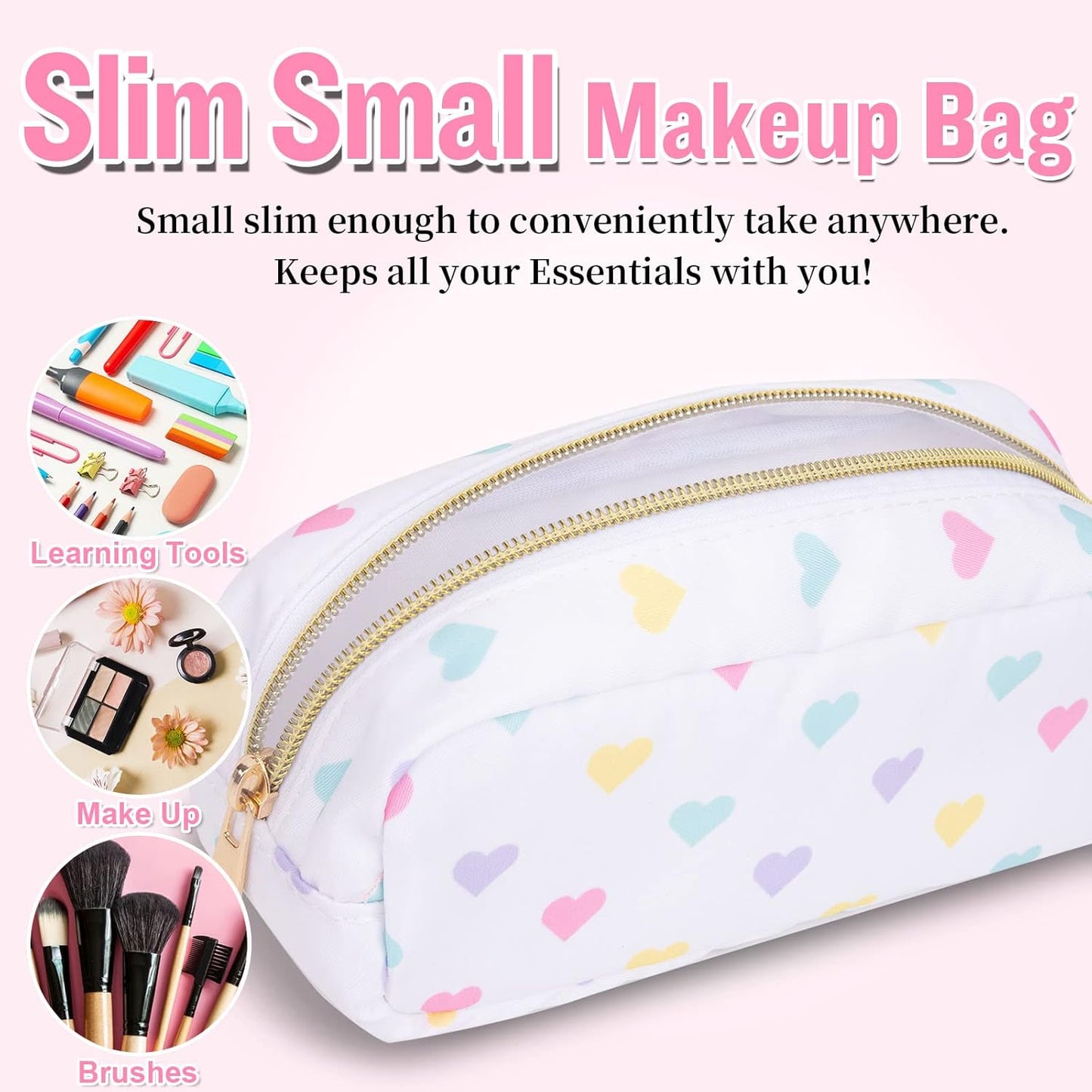 Nylon Small Makeup Bag, Slim Pink Makeup Brush Case, Preppy Cosmetic Zipper Pouch for Purse, Travel Toiletry Bag Clutch Coin Pouch Makeup Organizer for Women Girls (White Heart)