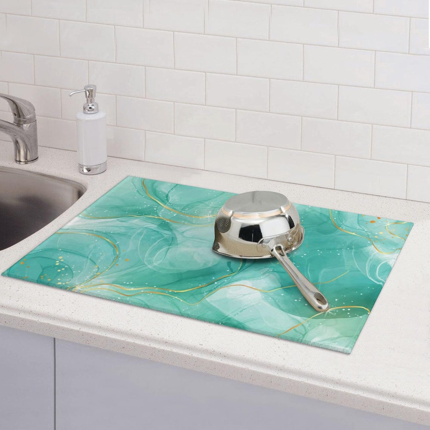 Teal Gold Marble Dish Drying Mat for Kitchen Counter Green Turquoise Drying Pad 18x24 Inch Modern Absorbent Reversible Dish Drainer Rack Mats
