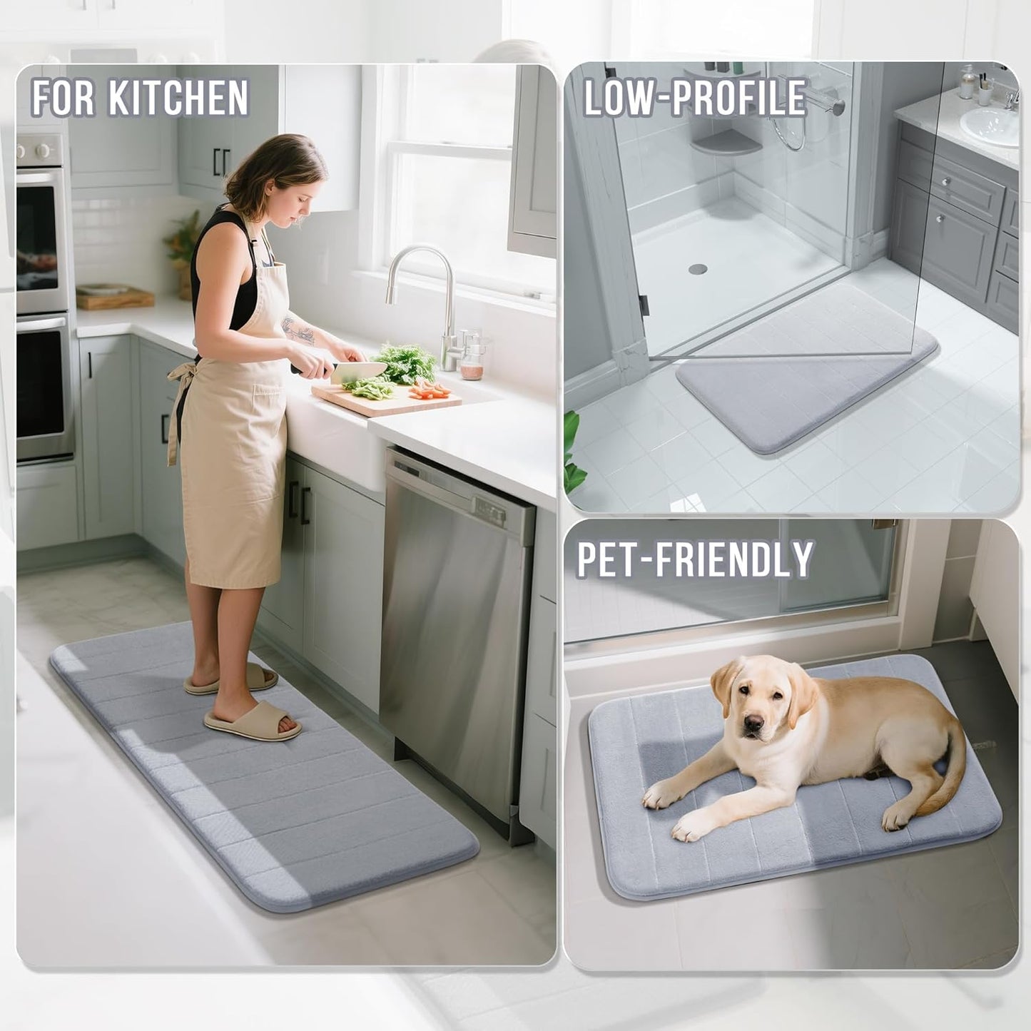 Yimobra Long Bath Mat 44"x24", Super Soft Quick Dry Memory Foam Bathroom Rug, Water Absorbent, Non Slip Backing Machine Washable for Tub Shower, Thick Comfort Support, Silver