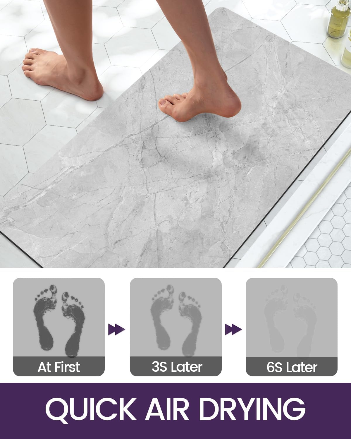 DEXI Bath Mat 17x43, Non Slip Quick Dry Rugs, Super Absorbent Ultra Thin Marble Bathmat, Washable Rubber Mats for Shower Floor, in Front of Bathtub, Sink, Bathroom Accessories Decor, Light Grey