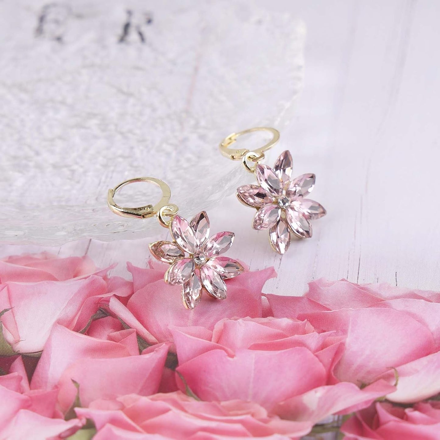 Vintage Blue Crystal Flower Earrings Sapphire Drop Earrings Rhinestone Flower Hoop Earrings Blue Gem Flower Stud Earrings Jewelry for Women