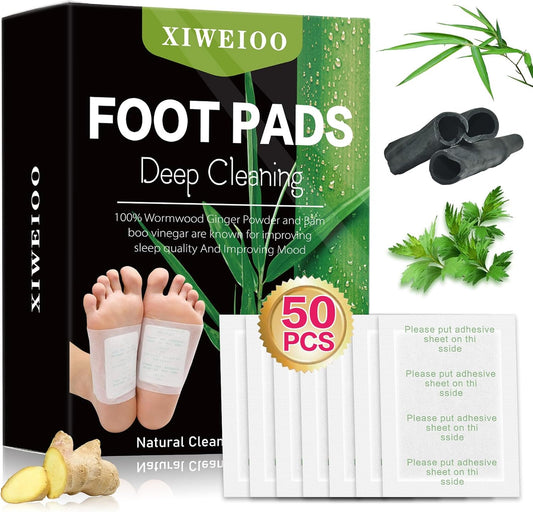50 Pack Natural Foot Pads Ginger Wormwood Bamboo Vinegar Foot Care Patch Message Deep Cleansing for Stress Relief, Better Rest, Feet Health Patches, Relaxing Muscles Kit